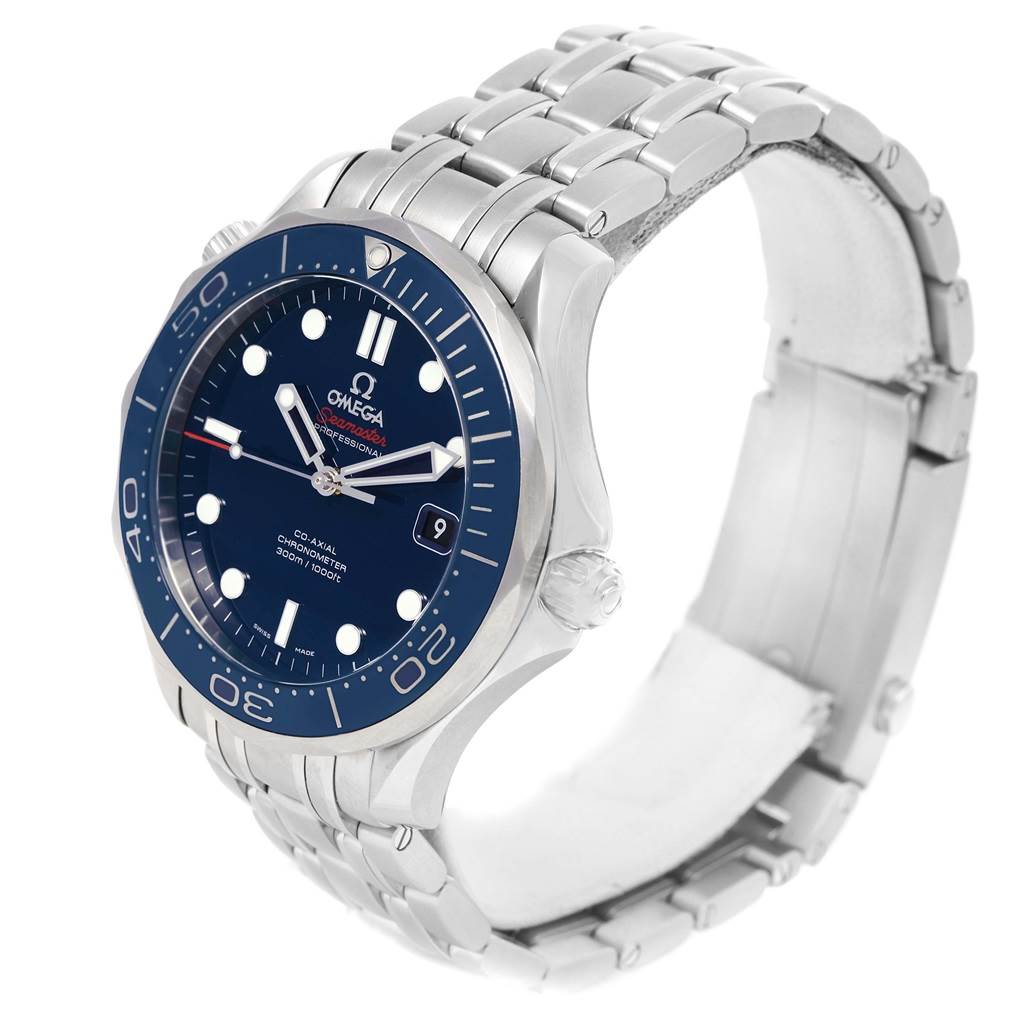 The image shows an angled view of the Omega Seamaster 212.30.41.20.03.001 Men
s Stainless Steel Blue Dial 212.30.41.20.03.001 Men
s Stainless Steel Blue Dial watch, highlighting its face, bezel, and metal bracelet.