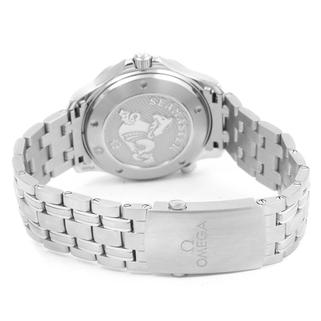 The image shows the back view of the Omega Seamaster 212.30.41.20.03.001 Men
s Stainless Steel Blue Dial 212.30.41.20.03.001 Men
s Stainless Steel Blue Dial watch, highlighting its clasp, case back, and linked metal bracelet.