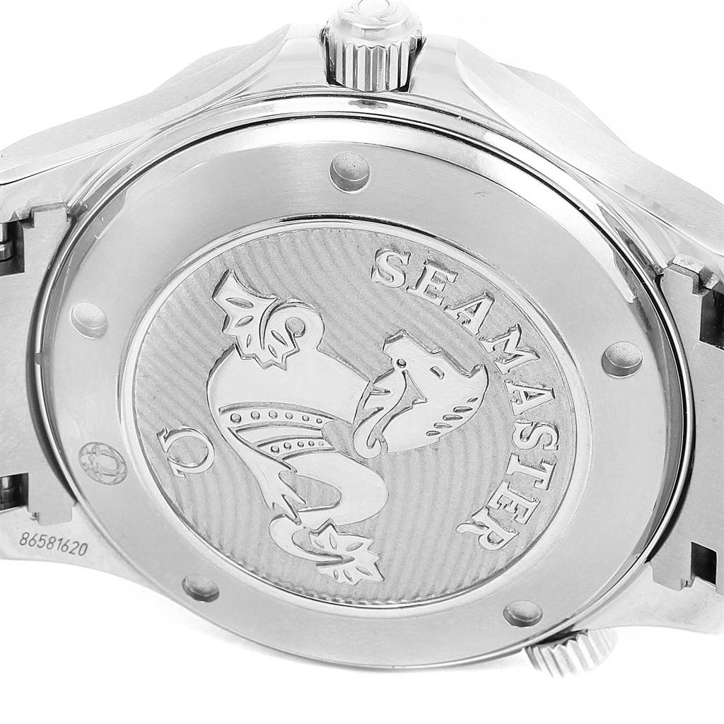 The image shows the case back of an Omega Seamaster 212.30.41.20.03.001 Men
s Stainless Steel Blue Dial 212.30.41.20.03.001 Men
s Stainless Steel Blue Dial watch with its engravings and crown visible.