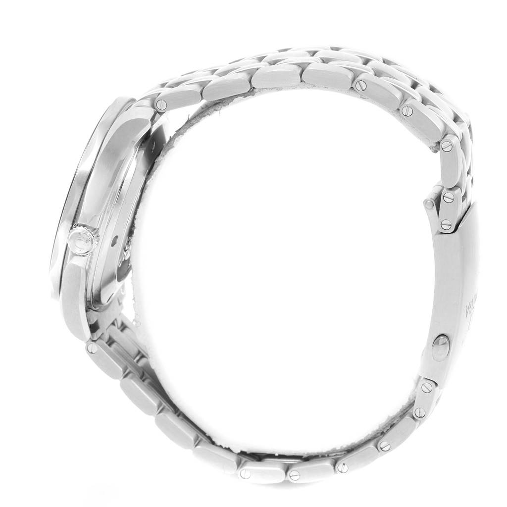 The Omega Seamaster 212.30.41.20.03.001 Men
s Stainless Steel Blue Dial 212.30.41.20.03.001 Men
s Stainless Steel Blue Dial watch is shown from the side, highlighting its case, crown, and metal bracelet.