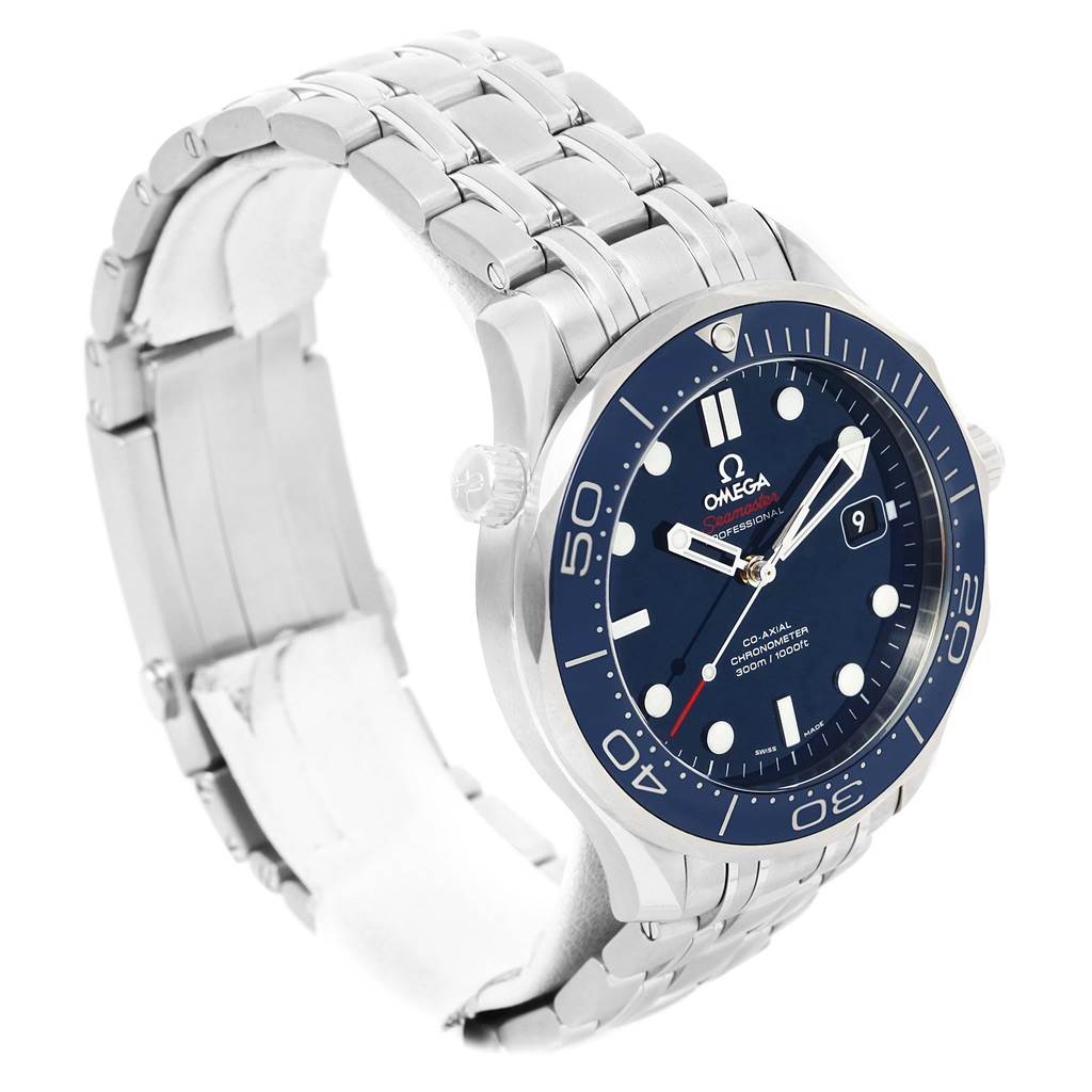 The image shows a side angle view of an Omega Seamaster 212.30.41.20.03.001 Men
s Stainless Steel Blue Dial 212.30.41.20.03.001 Men
s Stainless Steel Blue Dial watch highlighting the face, bezel, and stainless steel bracelet.