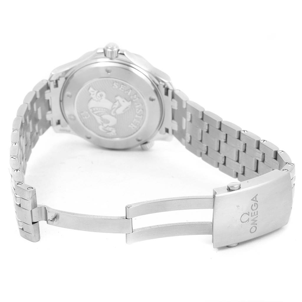 The image shows the rear angle of an Omega Seamaster 212.30.41.20.03.001 Men
s Stainless Steel Blue Dial 212.30.41.20.03.001 Men
s Stainless Steel Blue Dial watch, highlighting the case back, bracelet, and clasp with the Omega logo.