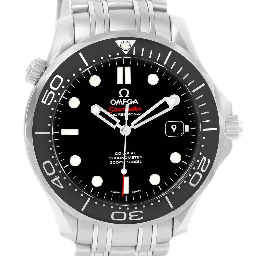 The Omega Seamaster 212.30.41.20.01.003 Men
s Stainless Steel Black Dial 212.30.41.20.01.003 Men
s Stainless Steel Black Dial watch is shown from a front angle, highlighting its black dial, bezel, and steel bracelet.