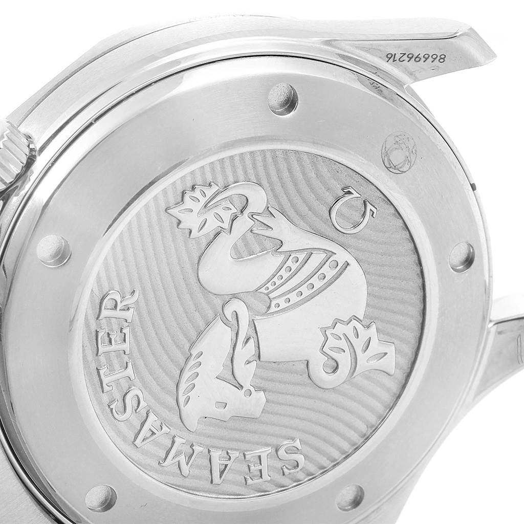 This image shows the back cover of an Omega Seamaster 212.30.41.20.01.003 Men
s Stainless Steel Black Dial 212.30.41.20.01.003 Men
s Stainless Steel Black Dial watch, featuring an embossed design and the model name.