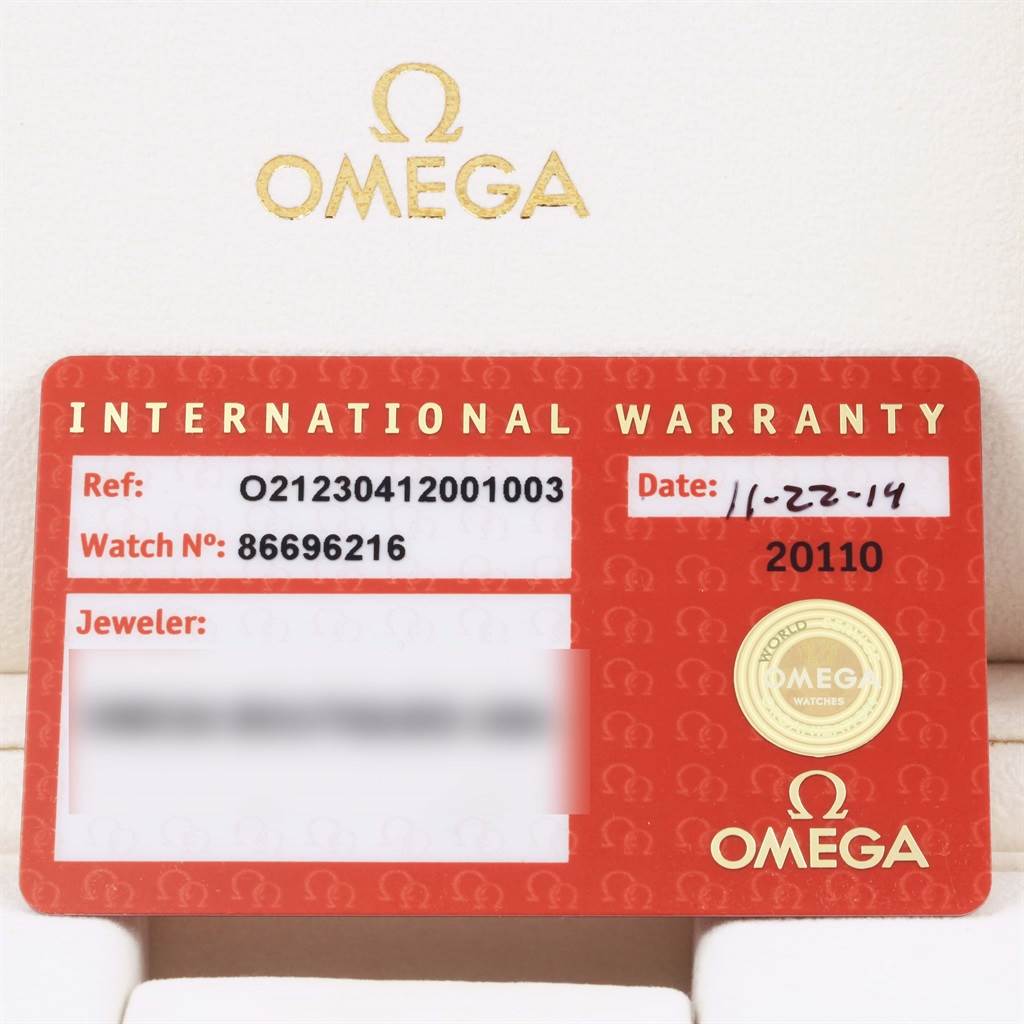 This image shows the International Warranty card for an Omega Seamaster 212.30.41.20.01.003 Men
s Stainless Steel Black Dial 212.30.41.20.01.003 Men
s Stainless Steel Black Dial watch, with reference and serial numbers.