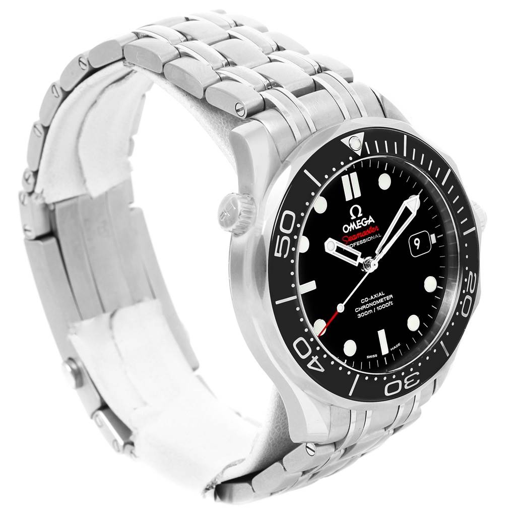 The Omega Seamaster 212.30.41.20.01.003 Men
s Stainless Steel Black Dial 212.30.41.20.01.003 Men
s Stainless Steel Black Dial watch is displayed at an angle showcasing its face, bezel, and metal bracelet.
