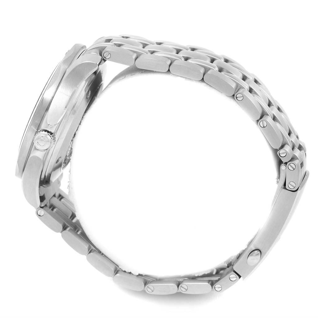 The image shows a side view of an Omega Seamaster 212.30.41.20.01.003 Men
s Stainless Steel Black Dial 212.30.41.20.01.003 Men
s Stainless Steel Black Dial watch, focusing on the case and stainless steel bracelet.