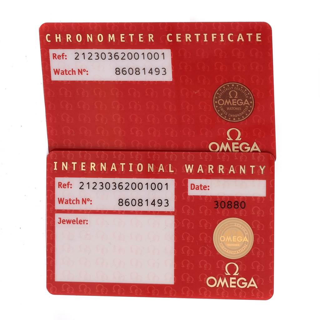 The image shows a chronometer certificate and international warranty cards for the Omega Seamaster 212.30.36.20.01.001 Men
s Stainless Steel Black Dial 212.30.36.20.01.001 Men
s Stainless Steel Black Dial watch.
