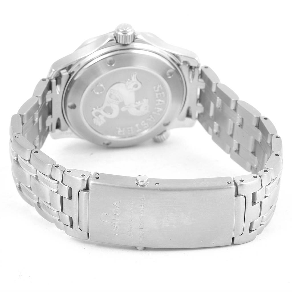 The image shows the back view of an Omega Seamaster 212.30.36.20.01.001 Men
s Stainless Steel Black Dial 212.30.36.20.01.001 Men
s Stainless Steel Black Dial watch, highlighting the clasp and case back.