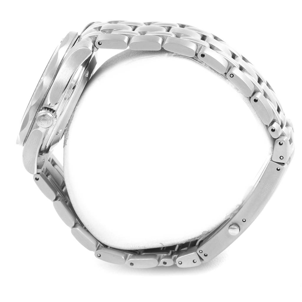 The image shows a side view of an Omega Seamaster 212.30.36.20.01.001 Men
s Stainless Steel Black Dial 212.30.36.20.01.001 Men
s Stainless Steel Black Dial watch, highlighting the case, crown, and metal bracelet.