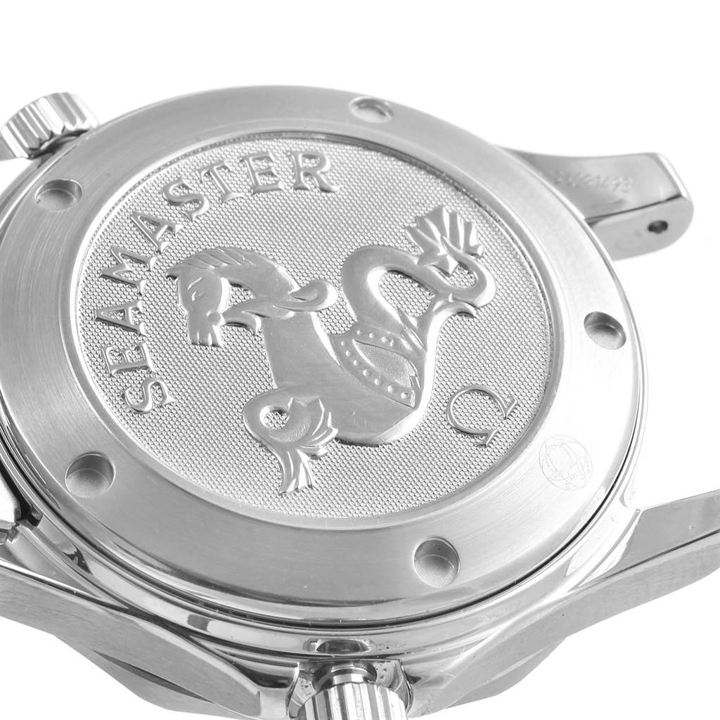 The image shows the engraved case back of an Omega Seamaster 212.30.36.20.01.001 Men
s Stainless Steel Black Dial 212.30.36.20.01.001 Men
s Stainless Steel Black Dial watch at a slight angle, highlighting the details and crown.