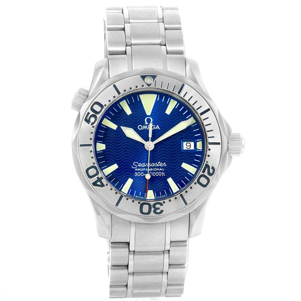 The Omega Seamaster 2263.80.00 Men
s Stainless Steel Blue Dial 2263.80.00 Men
s Stainless Steel Blue Dial watch is shown from a front angle, displaying its face, bezel, and bracelet.