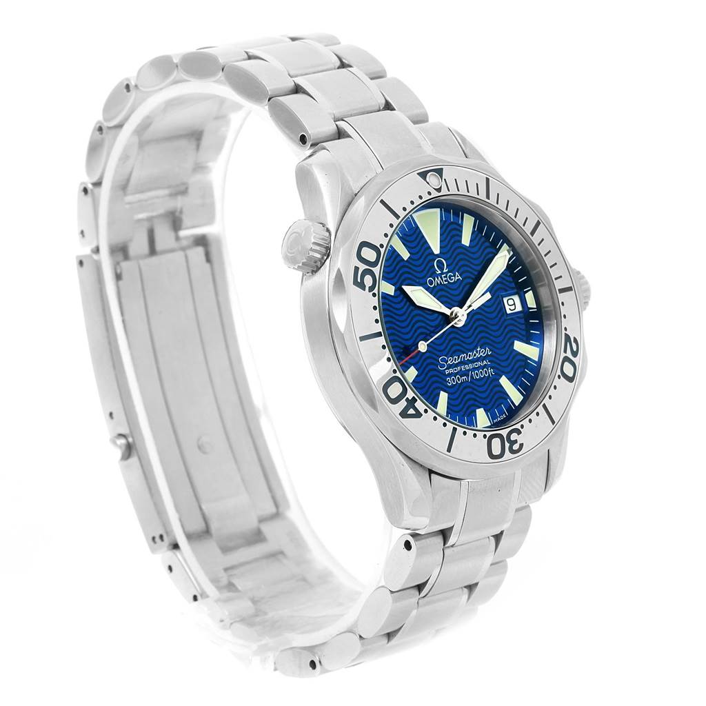 This image shows an angled side view of an Omega Seamaster 2263.80.00 Men
s Stainless Steel Blue Dial 2263.80.00 Men
s Stainless Steel Blue Dial watch, featuring its bracelet, bezel, and face.