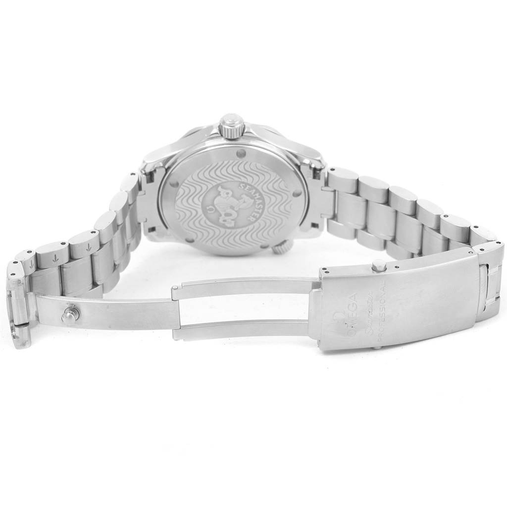 The image shows the open clasp and case back of a Seamaster model by Omega from a rear angle.