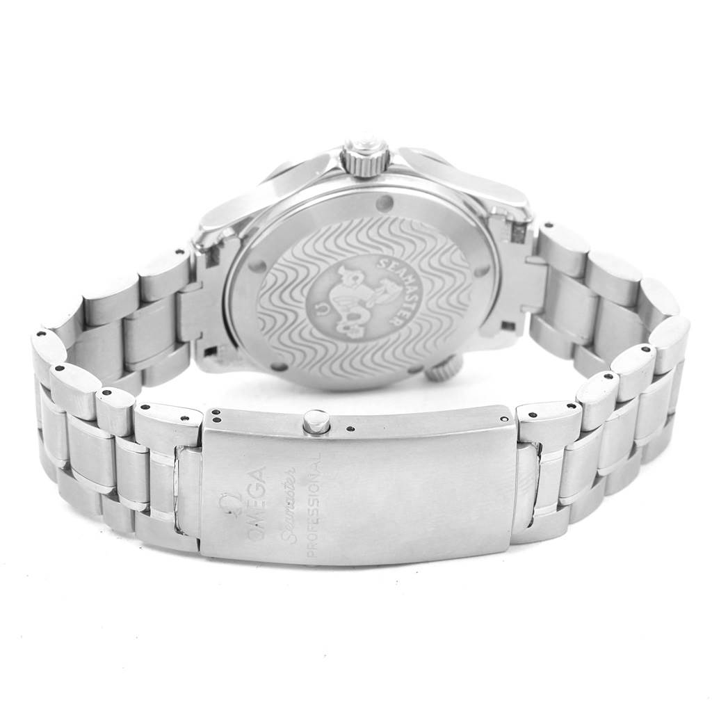 The image shows the back view of an Omega Seamaster 2263.80.00 Men
s Stainless Steel Blue Dial 2263.80.00 Men
s Stainless Steel Blue Dial watch, highlighting its case back and metal bracelet with a clasp.