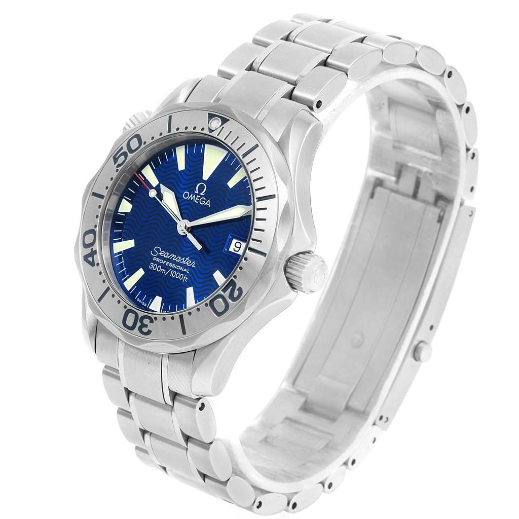 The image shows an angled front view of an Omega Seamaster 2263.80.00 Men
s Stainless Steel Blue Dial 2263.80.00 Men
s Stainless Steel Blue Dial watch displaying its face, bezel, crown, and bracelet.