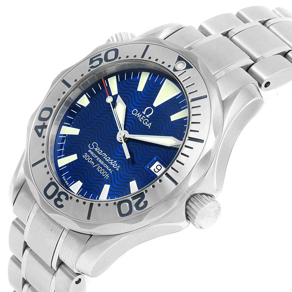 This image of the Omega Seamaster 2263.80.00 Men
s Stainless Steel Blue Dial 2263.80.00 Men
s Stainless Steel Blue Dial watch displays the dial, bezel, crown, and part of the bracelet at a slight angle.
