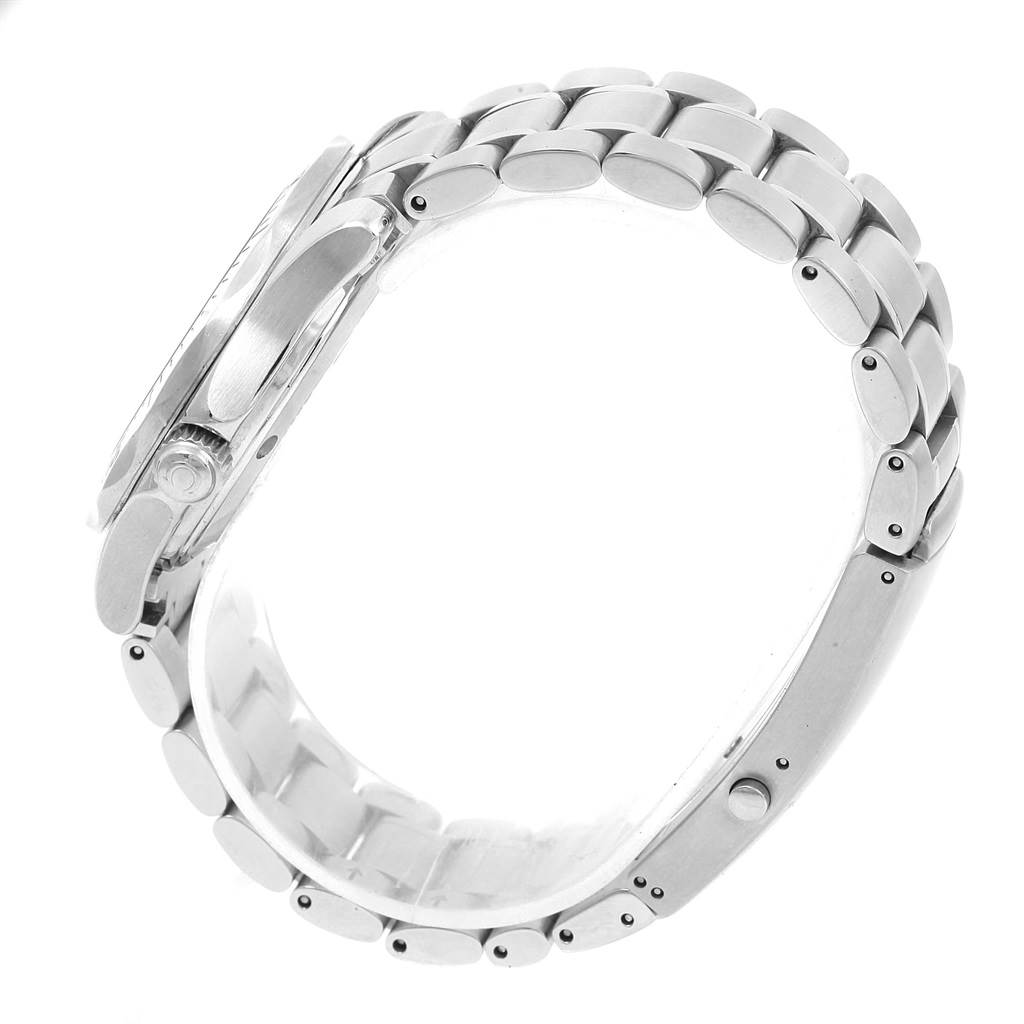 The image shows the side profile of the Omega Seamaster 2263.80.00 Men
s Stainless Steel Blue Dial 2263.80.00 Men
s Stainless Steel Blue Dial watch, highlighting its stainless steel case and link bracelet.