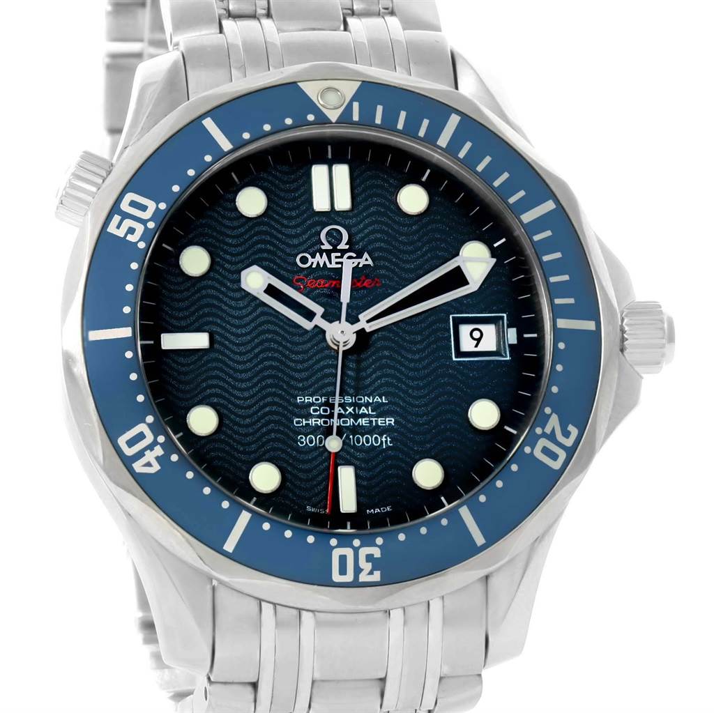 The Omega Seamaster 2220.80.00 Men
s Stainless Steel Blue Dial 2220.80.00 Men
s Stainless Steel Blue Dial watch is shown from a front angle, highlighting its face, bezel, crown, and part of its bracelet.