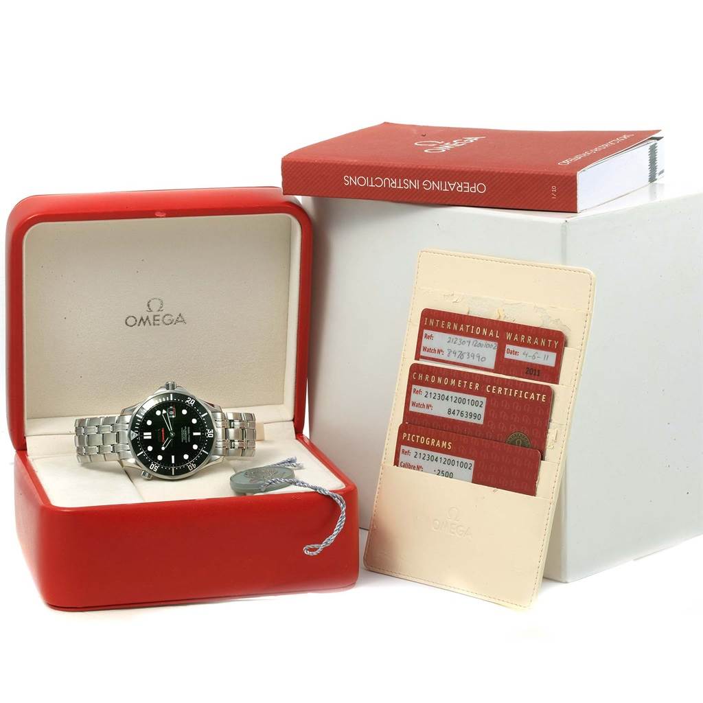 The Omega Seamaster 212.30.41.20.01.002 Men
s Stainless Steel Black Dial 212.30.41.20.01.002 Men
s Stainless Steel Black Dial watch is shown in its red box set, including a booklet, international warranty, chronometer certificate, and pictogram cards.