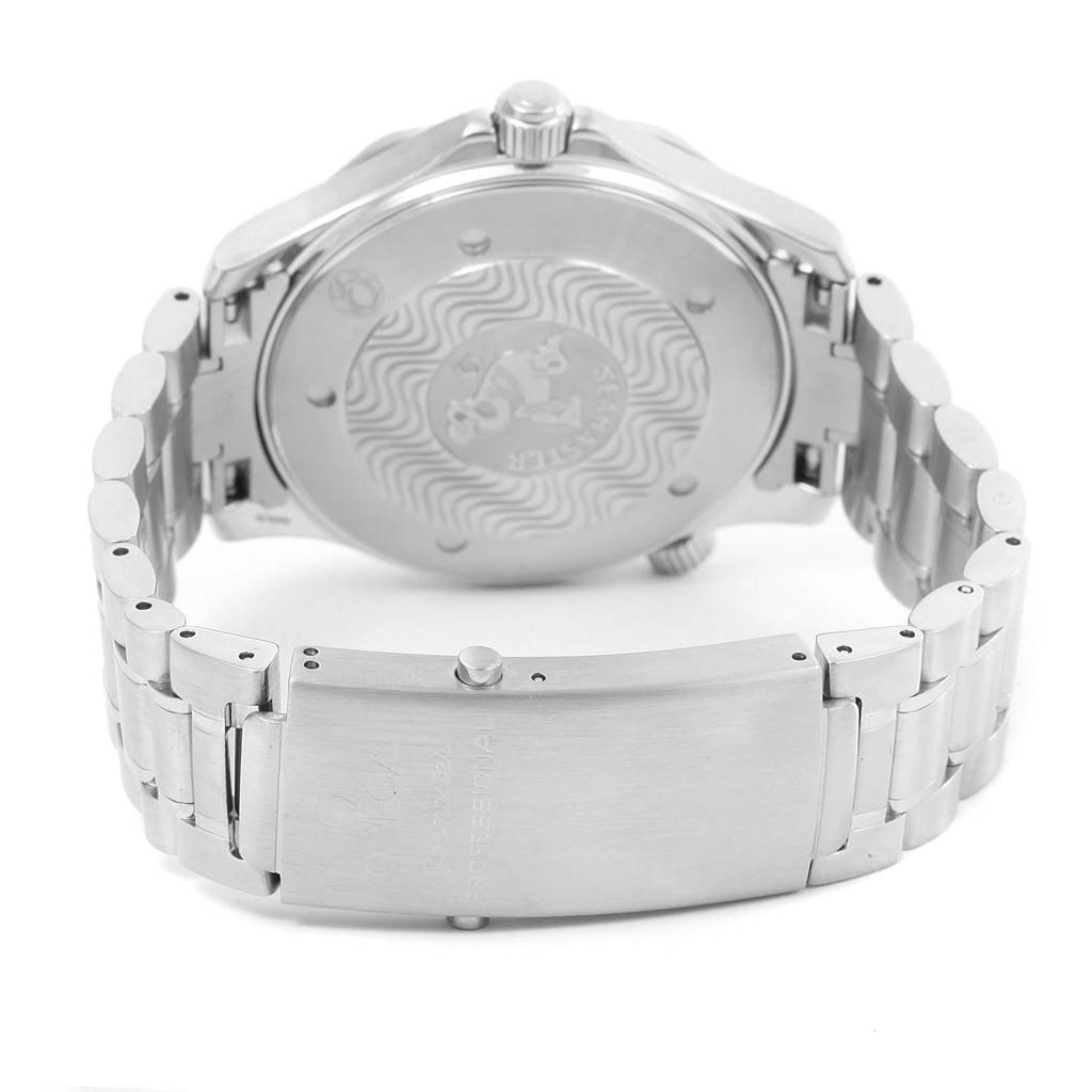 The image shows the back angle of an Omega Seamaster 2264.50.00 Men
s Stainless Steel Black Dial 2264.50.00 Men
s Stainless Steel Black Dial watch, highlighting the case back and bracelet with the clasp.