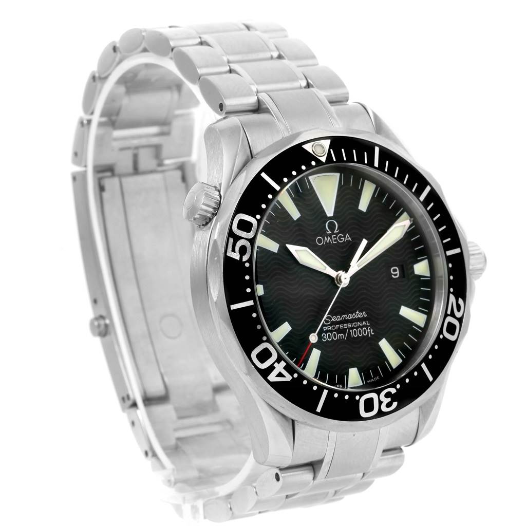 This Omega Seamaster 2264.50.00 Men
s Stainless Steel Black Dial 2264.50.00 Men
s Stainless Steel Black Dial watch is shown from a three-quarter angle, displaying its face, bezel, crown, and metal bracelet.