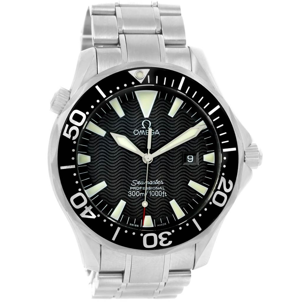 The image shows a front view of an Omega Seamaster 2264.50.00 Men
s Stainless Steel Black Dial 2264.50.00 Men
s Stainless Steel Black Dial watch, displaying its face, bezel, and stainless steel bracelet.