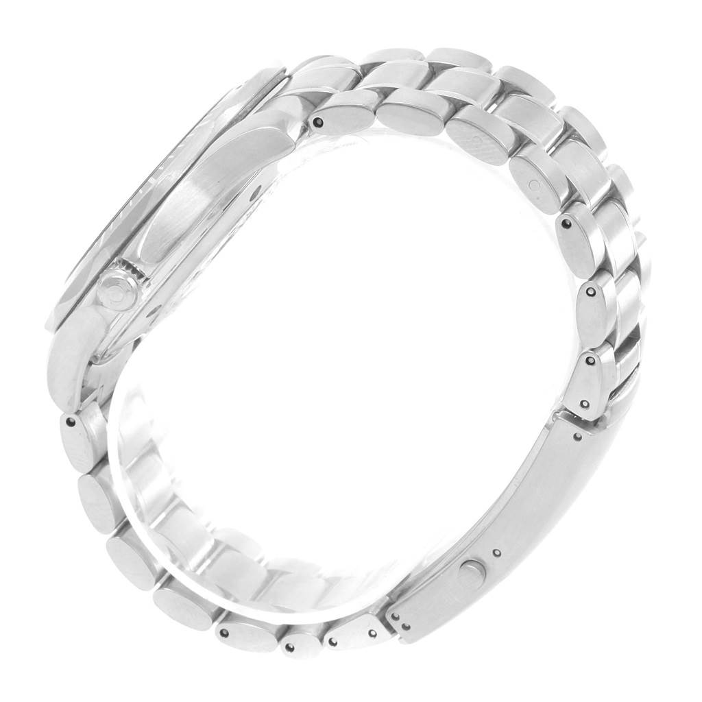 The image shows a side view of an Omega Seamaster 2264.50.00 Men
s Stainless Steel Black Dial 2264.50.00 Men
s Stainless Steel Black Dial watch, focusing on the metal bracelet and case, highlighting the crown and clasp.