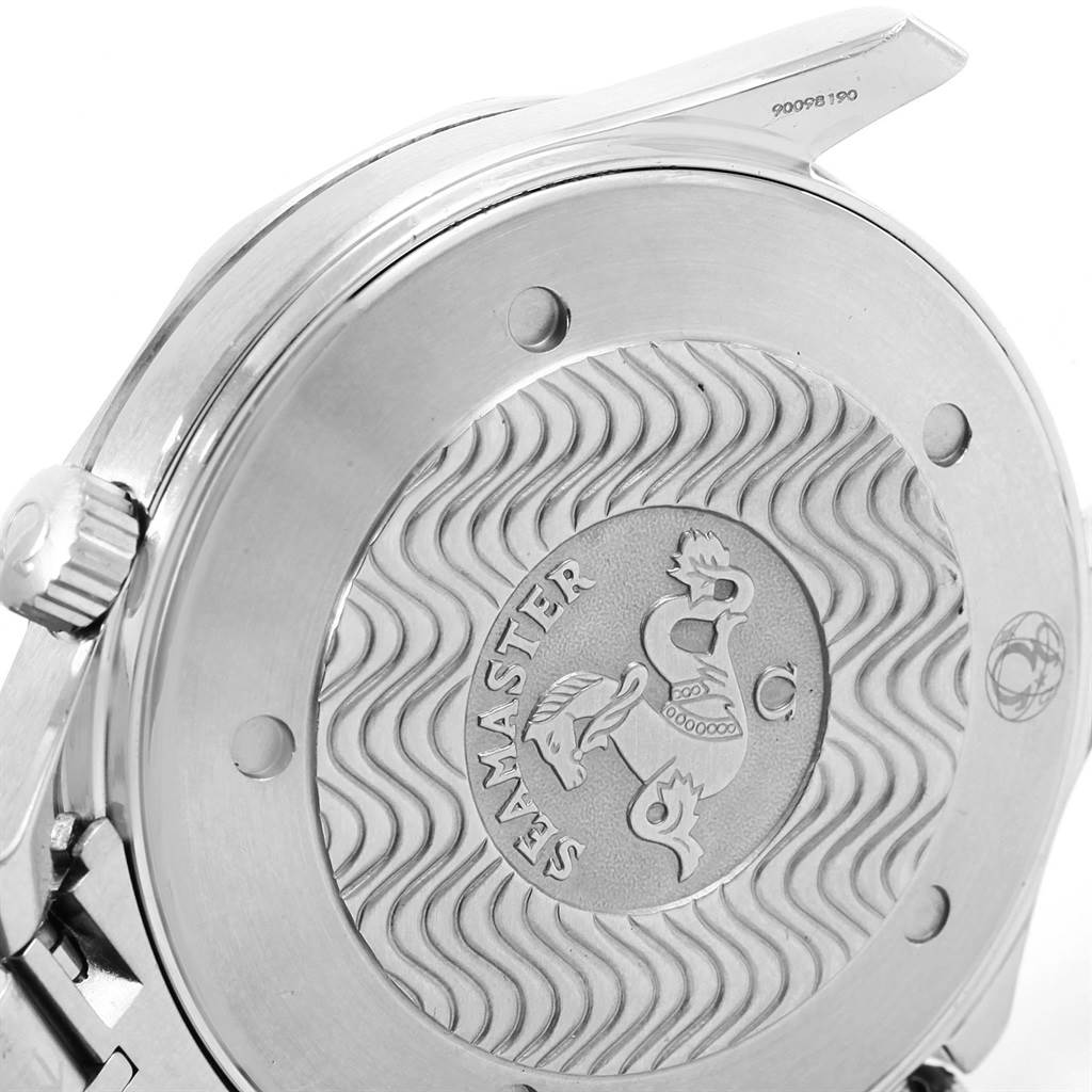 This image shows the back case of an Omega Seamaster 2264.50.00 Men
s Stainless Steel Black Dial 2264.50.00 Men
s Stainless Steel Black Dial watch at an angled close-up.