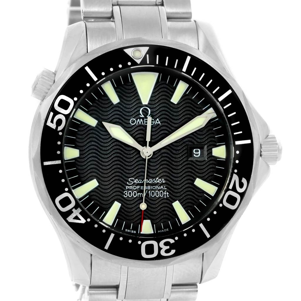 The Omega Seamaster 2264.50.00 Men
s Stainless Steel Black Dial 2264.50.00 Men
s Stainless Steel Black Dial watch is shown from the front, displaying its face, bezel, hands, date window, and part of its bracelet.