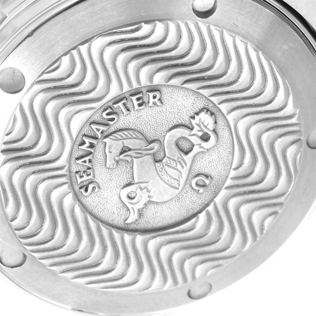 The image shows an etched case back of the Omega Seamaster 2262.50.00 Men
s Stainless Steel Black Dial 2262.50.00 Men
s Stainless Steel Black Dial watch, viewed from a close-up angle.