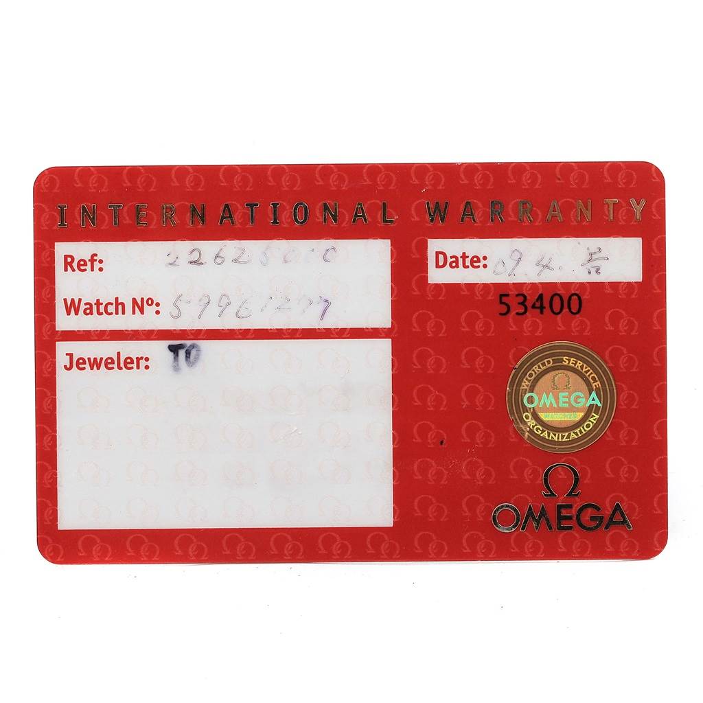 The image shows an International Warranty card for the Omega Seamaster 2262.50.00 Men
s Stainless Steel Black Dial 2262.50.00 Men
s Stainless Steel Black Dial watch, displaying reference number, watch number, and purchase date.