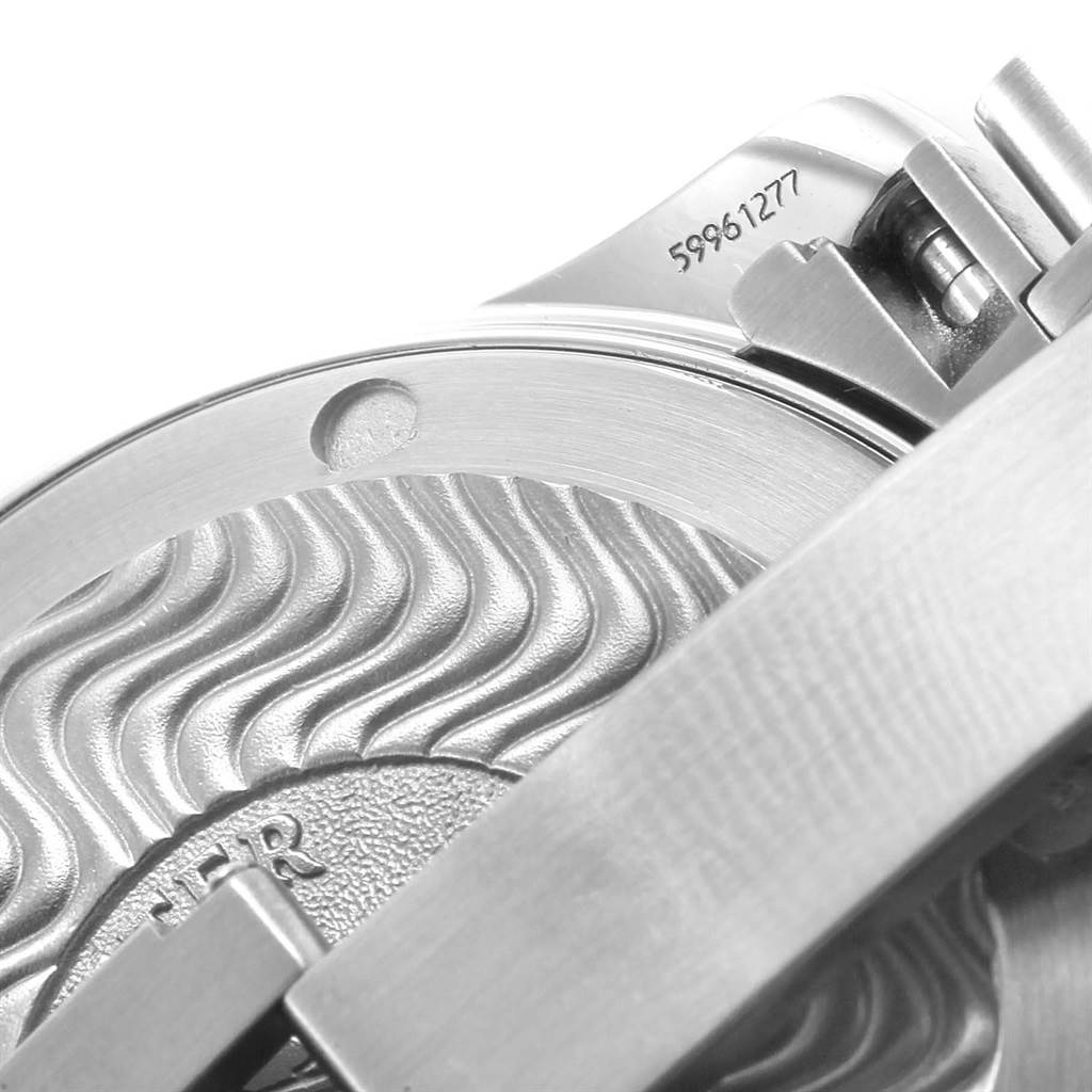 This image shows a close-up of the rear case and bracelet clasp of the Omega Seamaster 2262.50.00 Men
s Stainless Steel Black Dial 2262.50.00 Men
s Stainless Steel Black Dial watch, including partial serial number detailing.