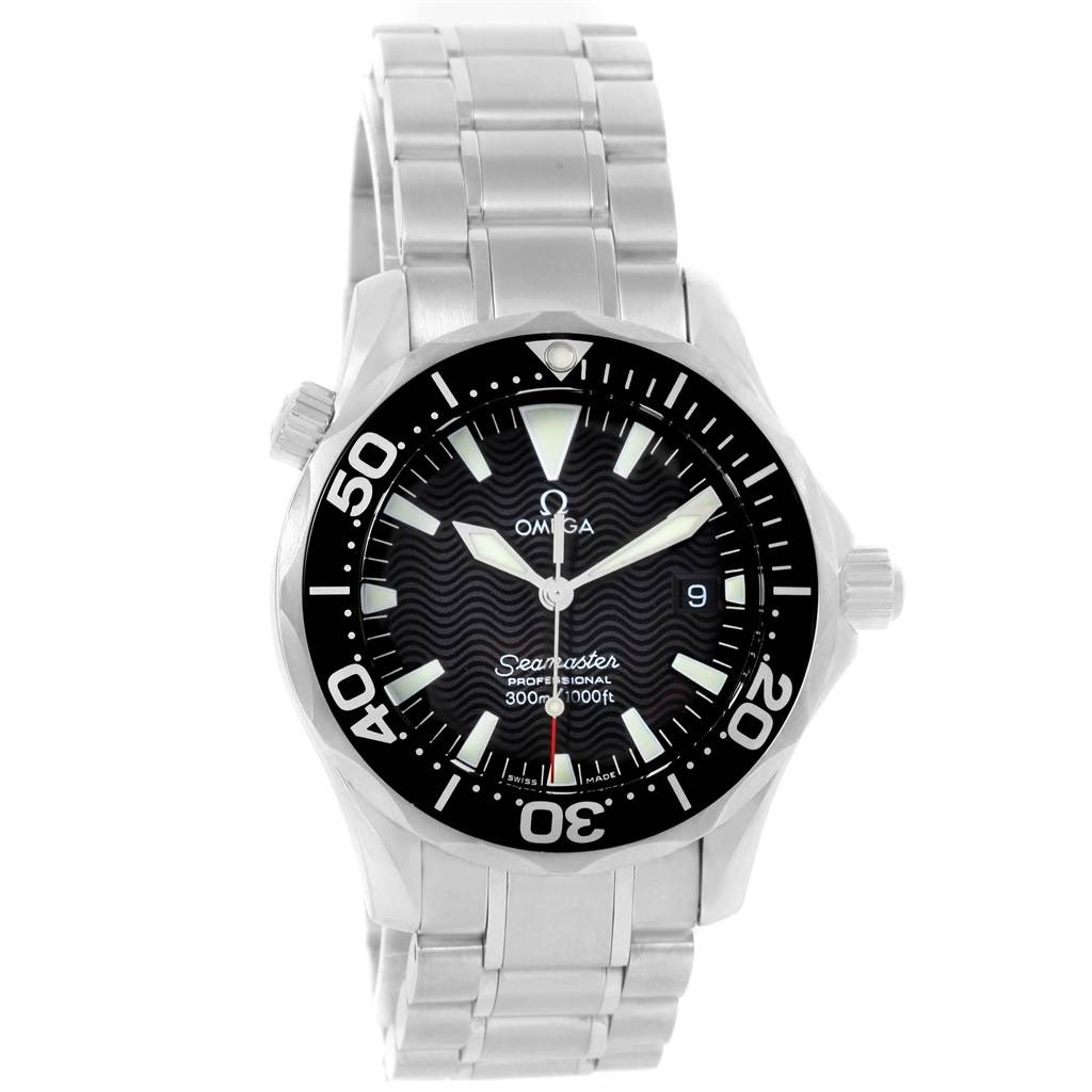 The image shows a front view of an Omega Seamaster 2262.50.00 Men
s Stainless Steel Black Dial 2262.50.00 Men
s Stainless Steel Black Dial watch, highlighting its black dial, bezel, and stainless steel bracelet.