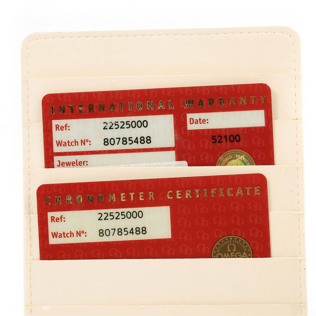 The image shows the international warranty and chronometer certificate cards for the Omega Seamaster 2252.50.00 Men
s Stainless Steel Black Dial 2252.50.00 Men
s Stainless Steel Black Dial model watch.