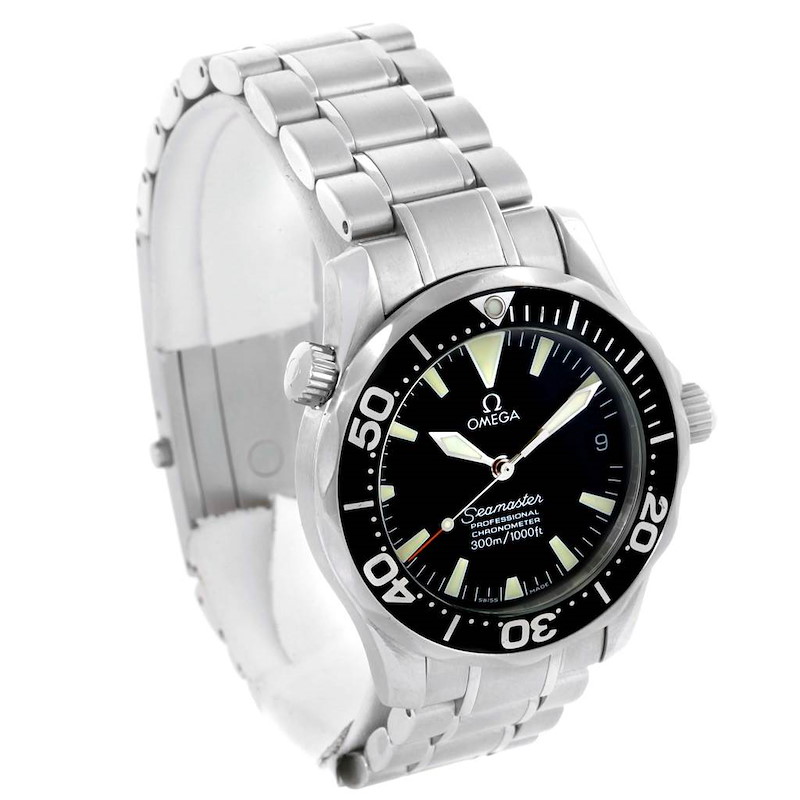 The image shows the Omega Seamaster watch at a three-quarter angle, highlighting the watch face, bezel, crown, and bracelet.