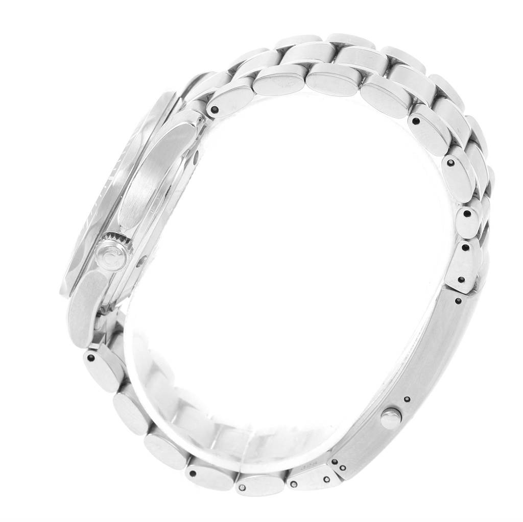 The image shows a side view of an Omega Seamaster 2252.50.00 Men
s Stainless Steel Black Dial 2252.50.00 Men
s Stainless Steel Black Dial watch, highlighting the crown, case, and metal bracelet.