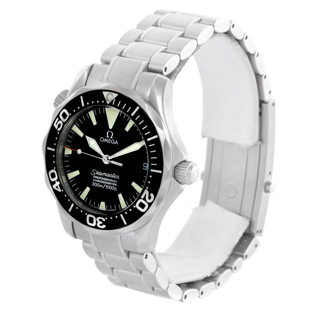 The image shows an Omega Seamaster 2252.50.00 Men
s Stainless Steel Black Dial 2252.50.00 Men
s Stainless Steel Black Dial watch from a three-quarter angle, highlighting the face, bezel, and metal bracelet.