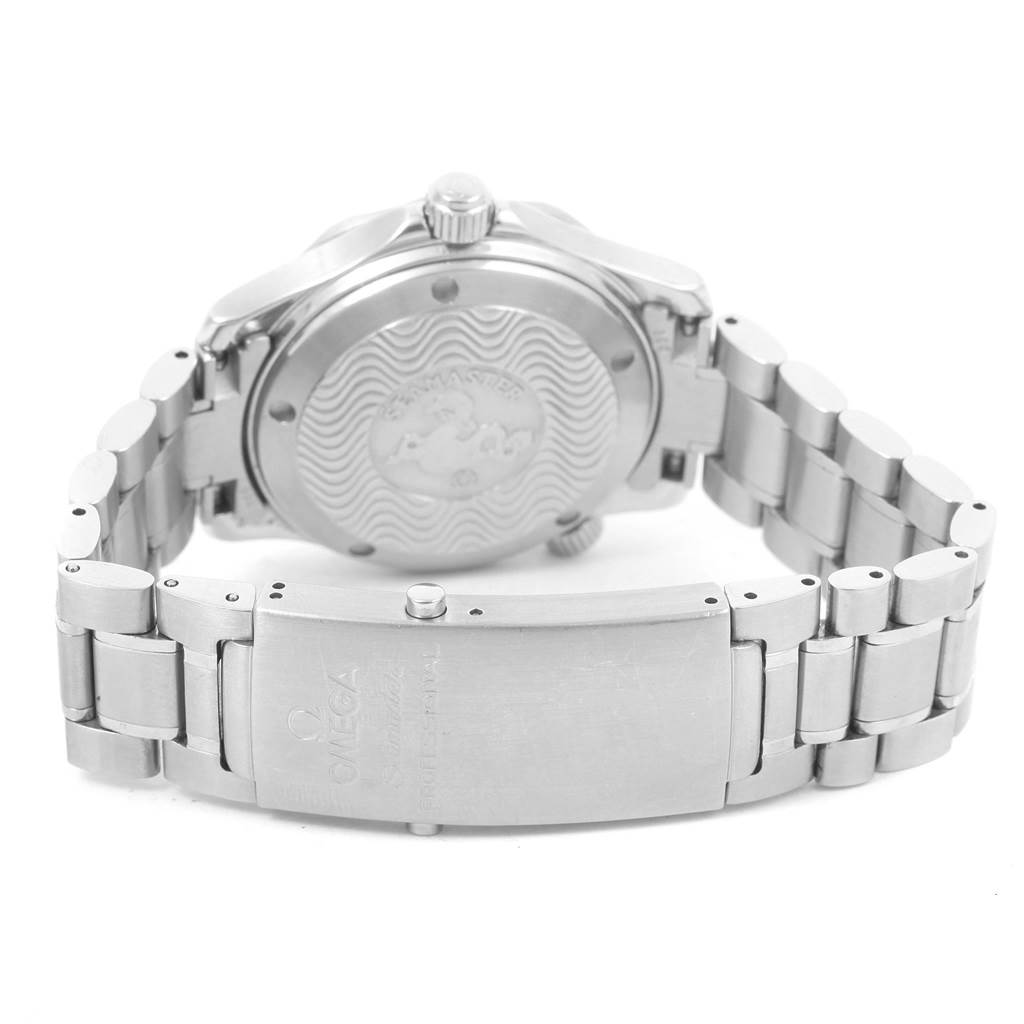 The image shows the back case and clasp of an Omega Seamaster 2252.50.00 Men
s Stainless Steel Black Dial 2252.50.00 Men
s Stainless Steel Black Dial watch with detailed engravings.