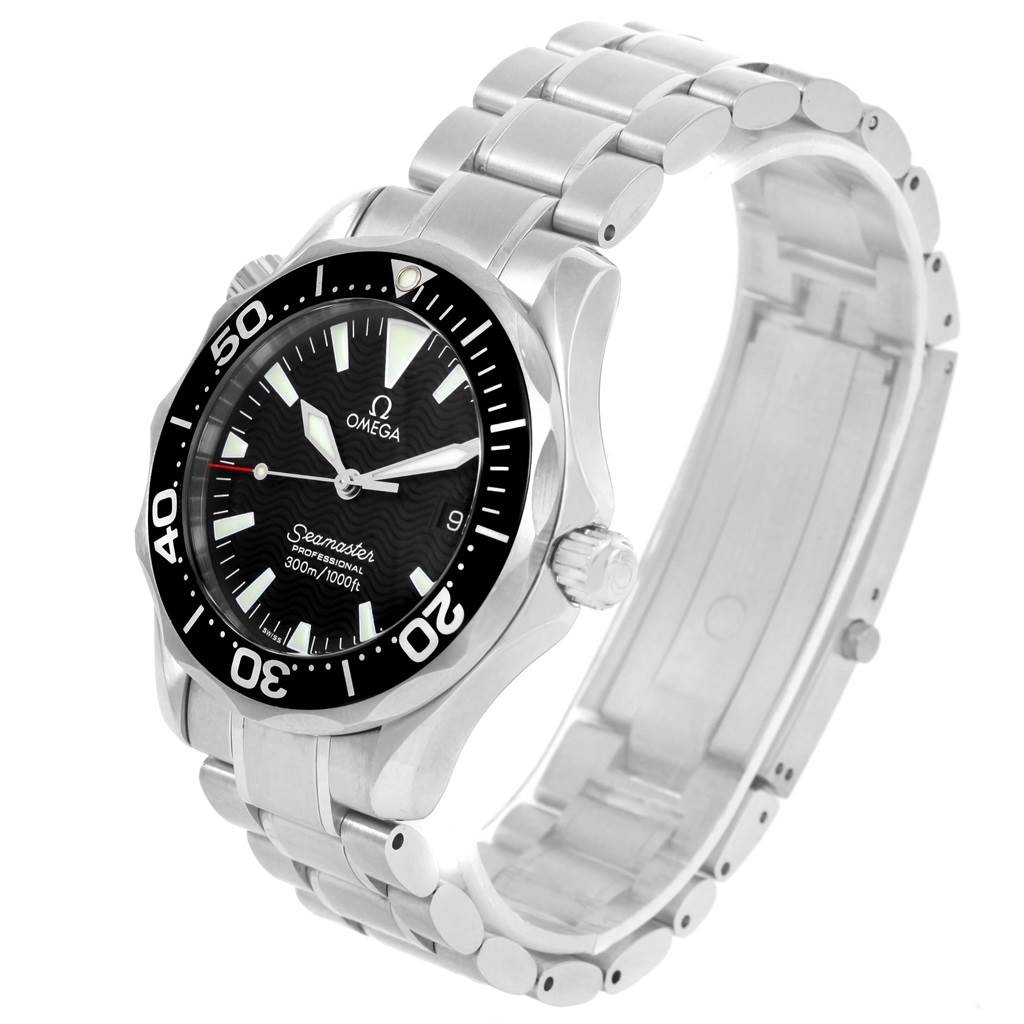 The Omega Seamaster 2262.50.00 Men
s Stainless Steel Black Dial 2262.50.00 Men
s Stainless Steel Black Dial watch is angled to show the front face, bezel, crown, and bracelet clearly.