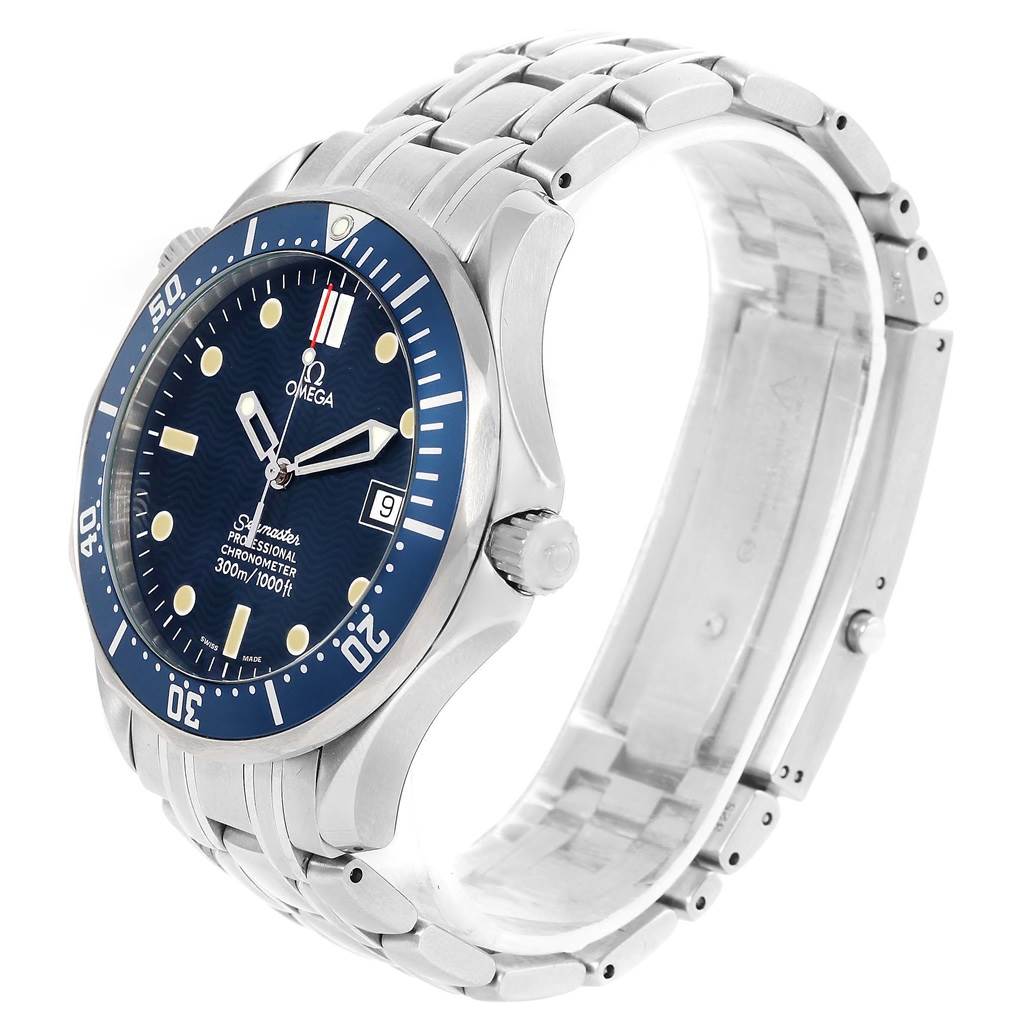 The Omega Seamaster 2531.80.00 Men
s Stainless Steel Blue Dial 2531.80.00 Men
s Stainless Steel Blue Dial watch is shown at an angled view highlighting the face, bezel, crown, and part of the stainless steel bracelet.