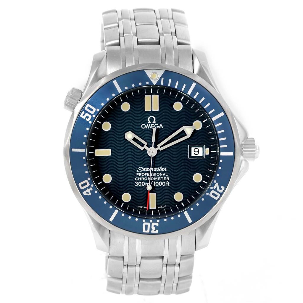 The Omega Seamaster 2531.80.00 Men
s Stainless Steel Blue Dial 2531.80.00 Men
s Stainless Steel Blue Dial watch is shown from a top-down angle, displaying the face, bezel, and metal bracelet.