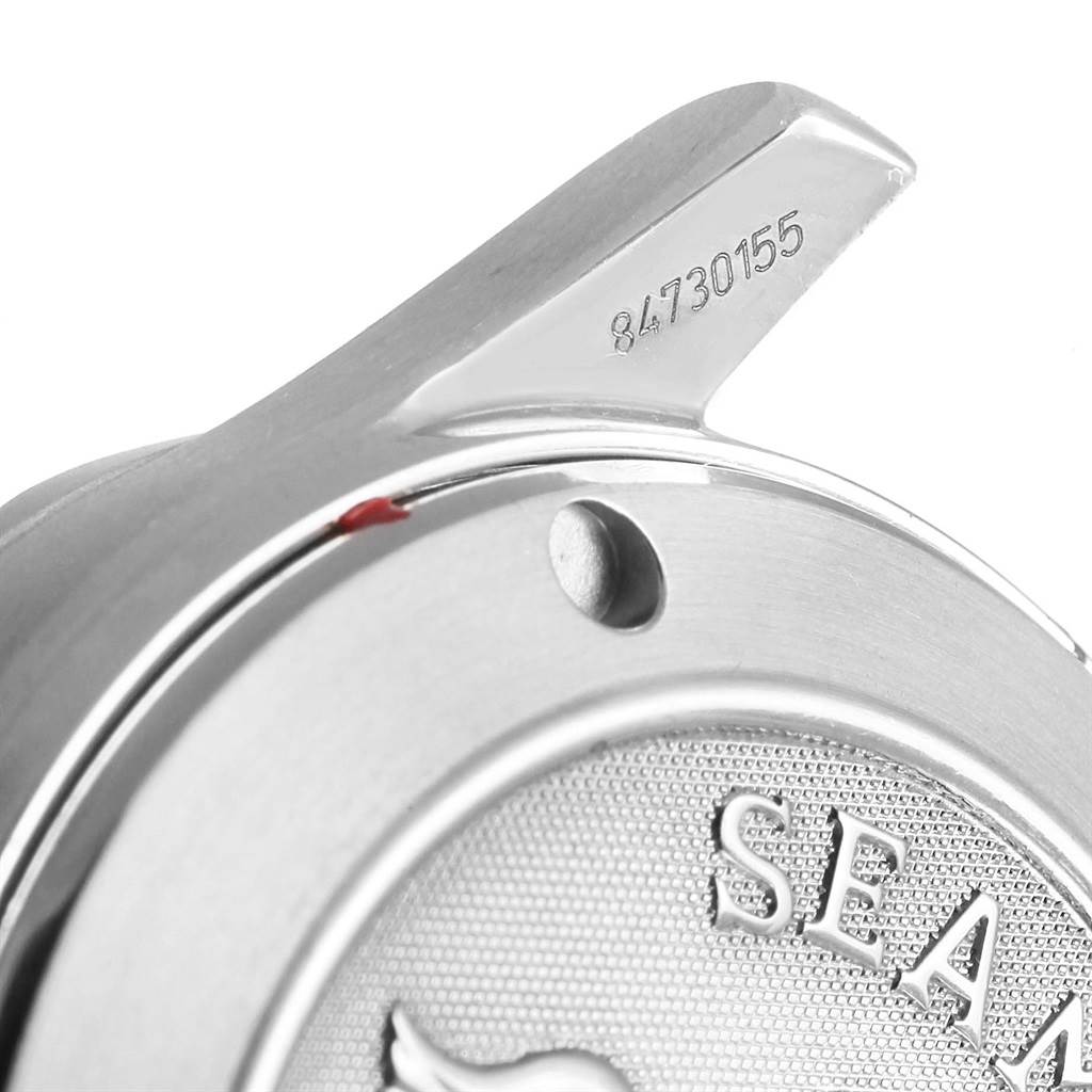 The image shows a close-up of the back case and crown guard of the Omega Seamaster 2222.80.00 Men
s Stainless Steel Blue Dial 2222.80.00 Men
s Stainless Steel Blue Dial watch, highlighting the serial number.