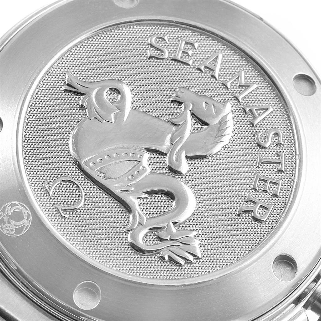 The image shows the engraved case back of an Omega Seamaster 2222.80.00 Men
s Stainless Steel Blue Dial 2222.80.00 Men
s Stainless Steel Blue Dial watch, featuring the Seamaster logo.