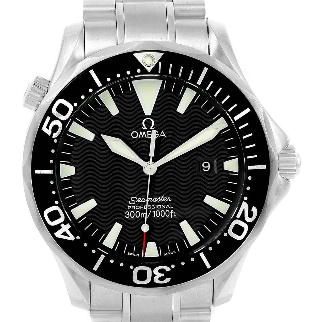 The image shows a front view of the Omega Seamaster 2264.50.00 Men
s Stainless Steel Black Dial 2264.50.00 Men
s Stainless Steel Black Dial watch, highlighting its dial, bezel, crown, and bracelet.
