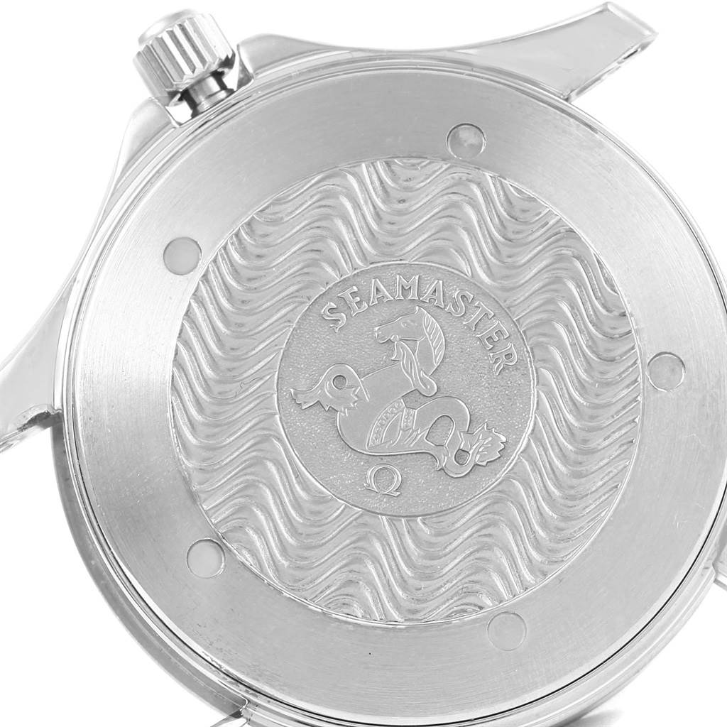 This image shows the case back of an Omega Seamaster 2264.50.00 Men
s Stainless Steel Black Dial 2264.50.00 Men
s Stainless Steel Black Dial watch, featuring its logo and wave pattern design.