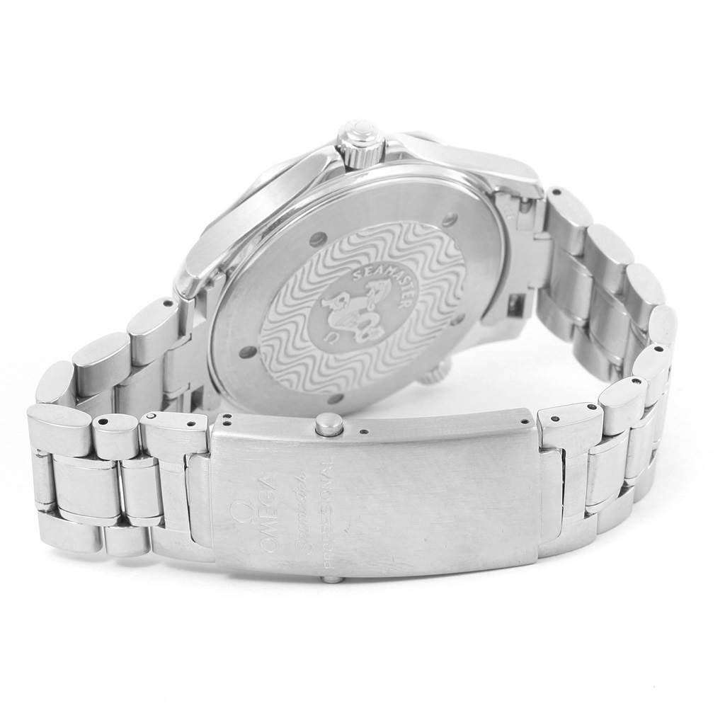 The image shows the back and partially opened clasp of an Omega Seamaster 2264.50.00 Men
s Stainless Steel Black Dial 2264.50.00 Men
s Stainless Steel Black Dial watch, highlighting its stainless steel bracelet and case back.