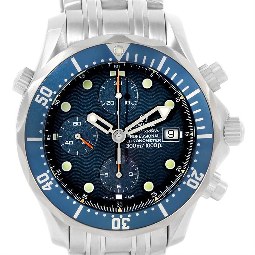 The image shows a front view of the Omega Seamaster 2599.80.00 Men
s Stainless Steel Blue Dial 2599.80.00 Men
s Stainless Steel Blue Dial watch, highlighting its face, bezel, and part of the bracelet.