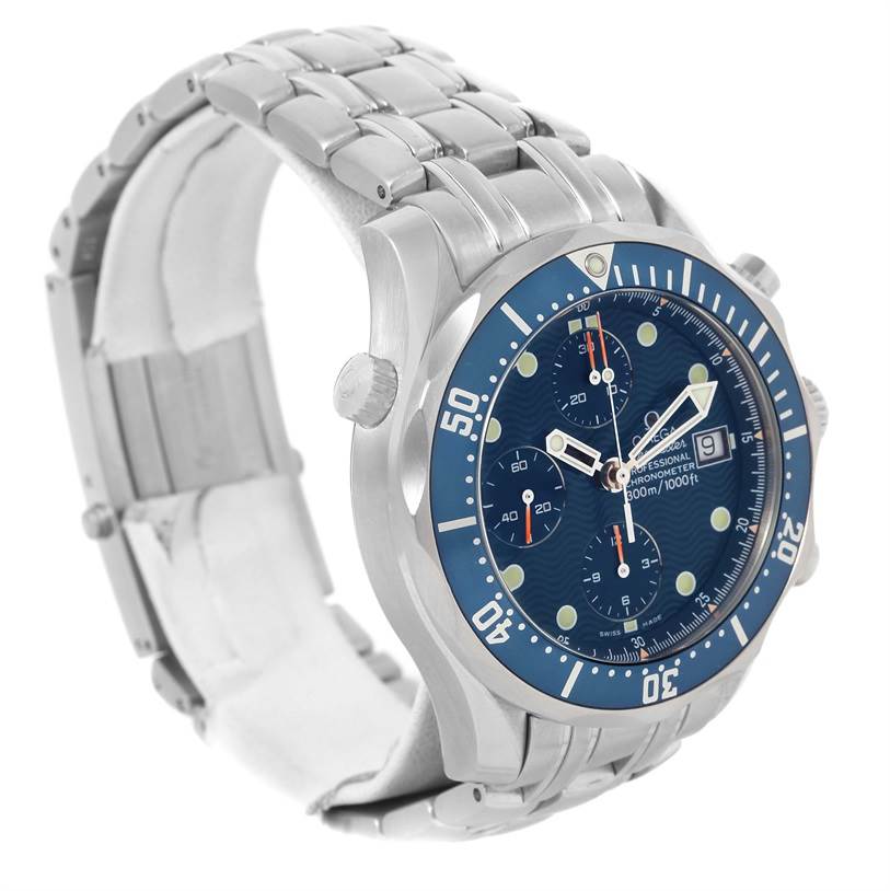 The Omega Seamaster 2599.80.00 Men
s Stainless Steel Blue Dial 2599.80.00 Men
s Stainless Steel Blue Dial watch is shown at a three-quarter angle, highlighting the bezel, dial, bracelet, and crown.