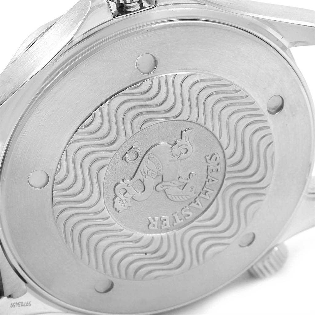 The image shows the case back of an Omega Seamaster 2264.50.00 Men
s Stainless Steel Black Dial 2264.50.00 Men
s Stainless Steel Black Dial watch, featuring its intricate engraving.